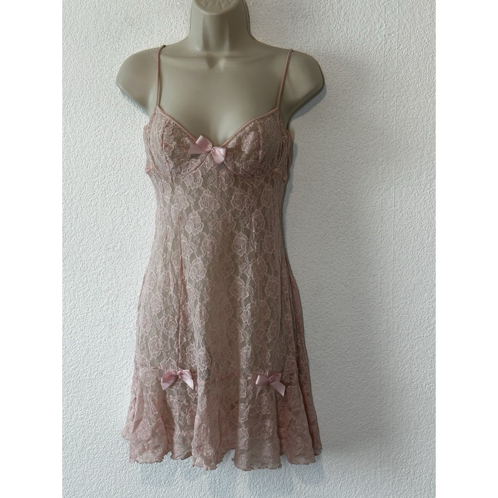 Vtg‎ Inner Secrets M Pink Mesh Chemise Nightie Sheer Slip Dress Dainty Coquette